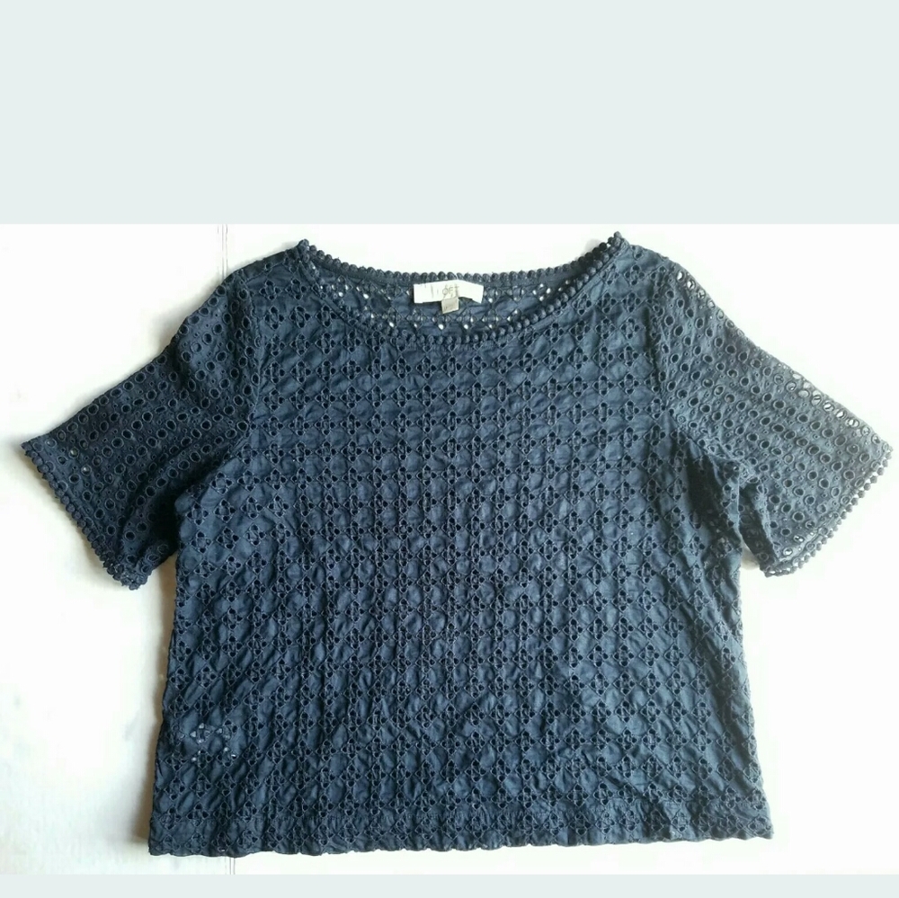 Ann Taylor Loft Black Eyelet Top Blouse Sz L P